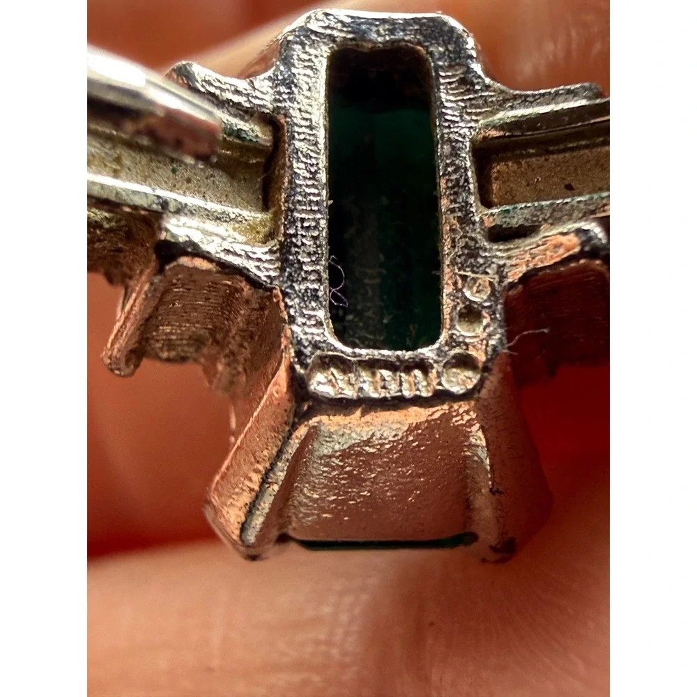 Vintage Avon Cocktail Ring Silver Tone Green READ Adjustable Size 6.5